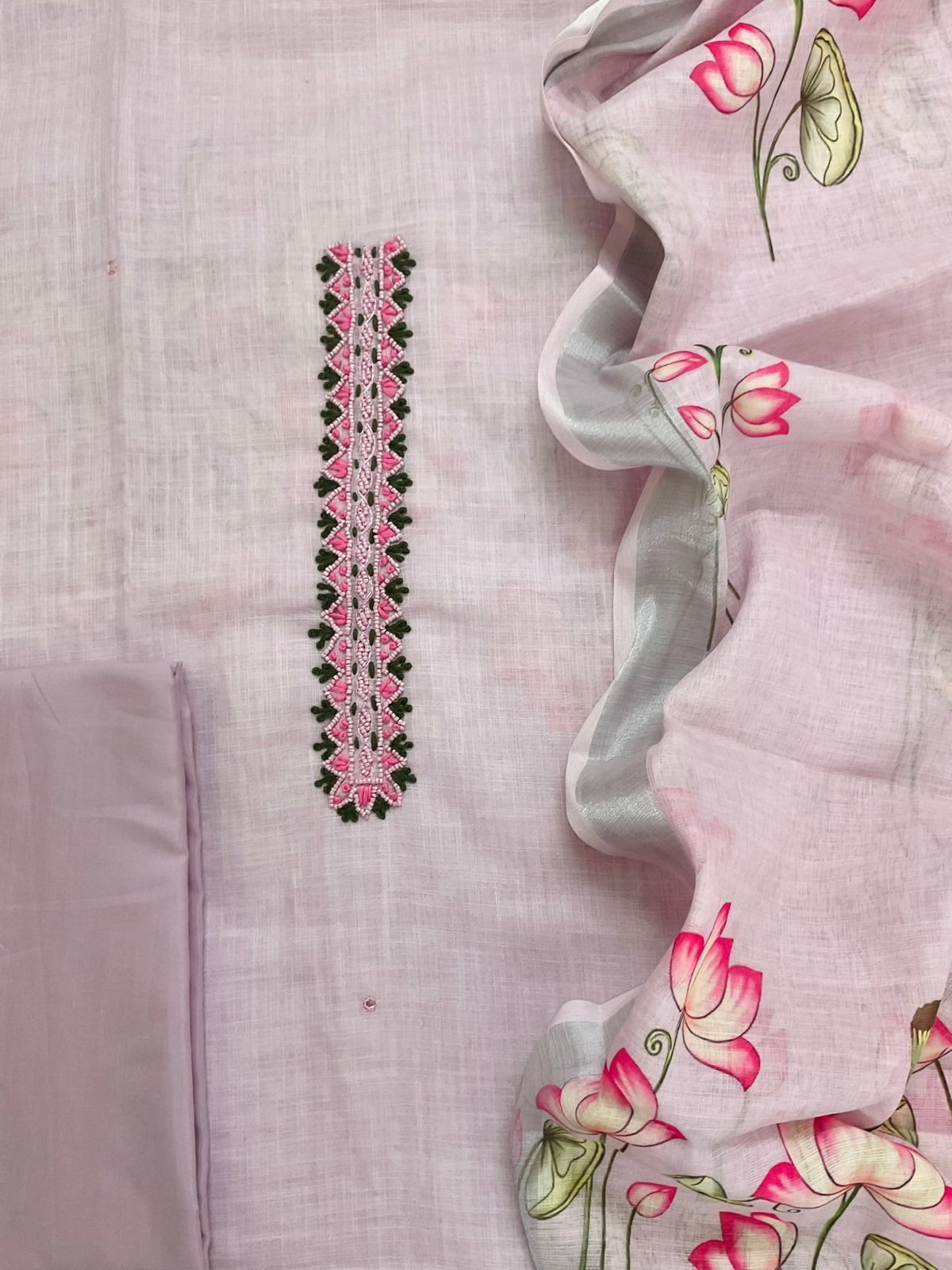 Soft Linen Jute Cotton Printed Embroidered Suit - Lavender