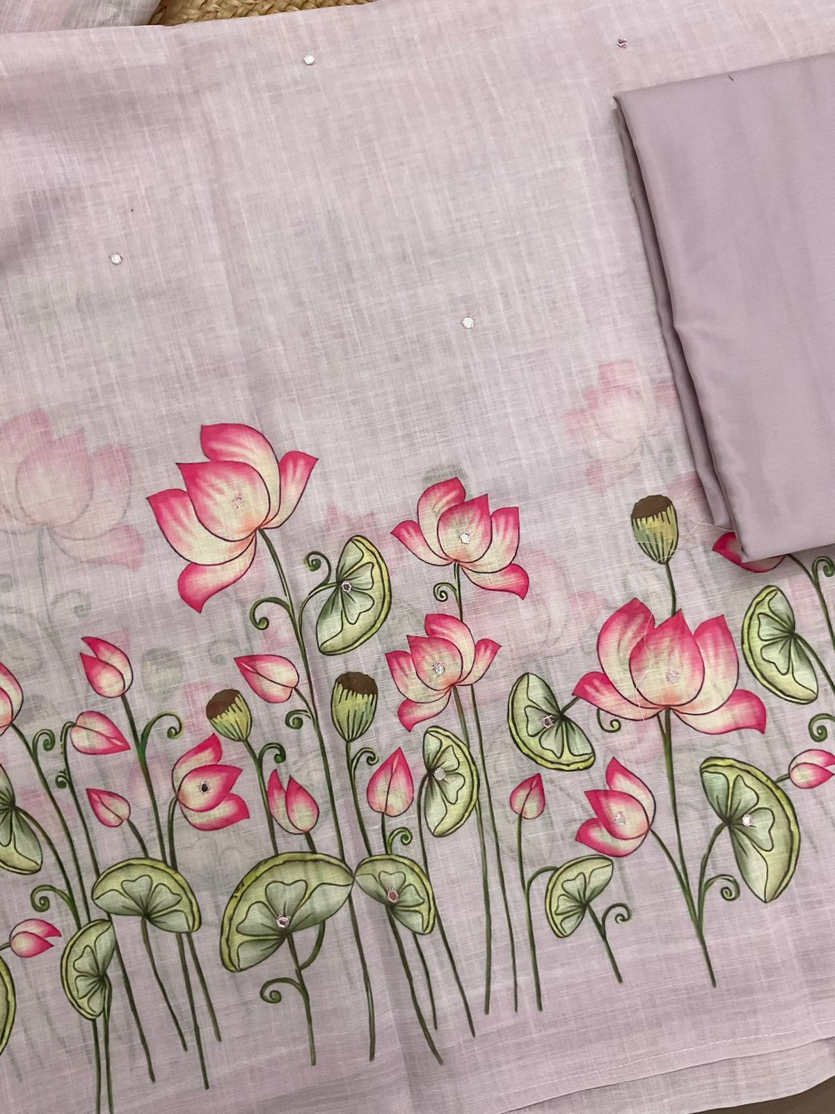 Soft Linen Jute Cotton Printed Embroidered Suit - Lavender