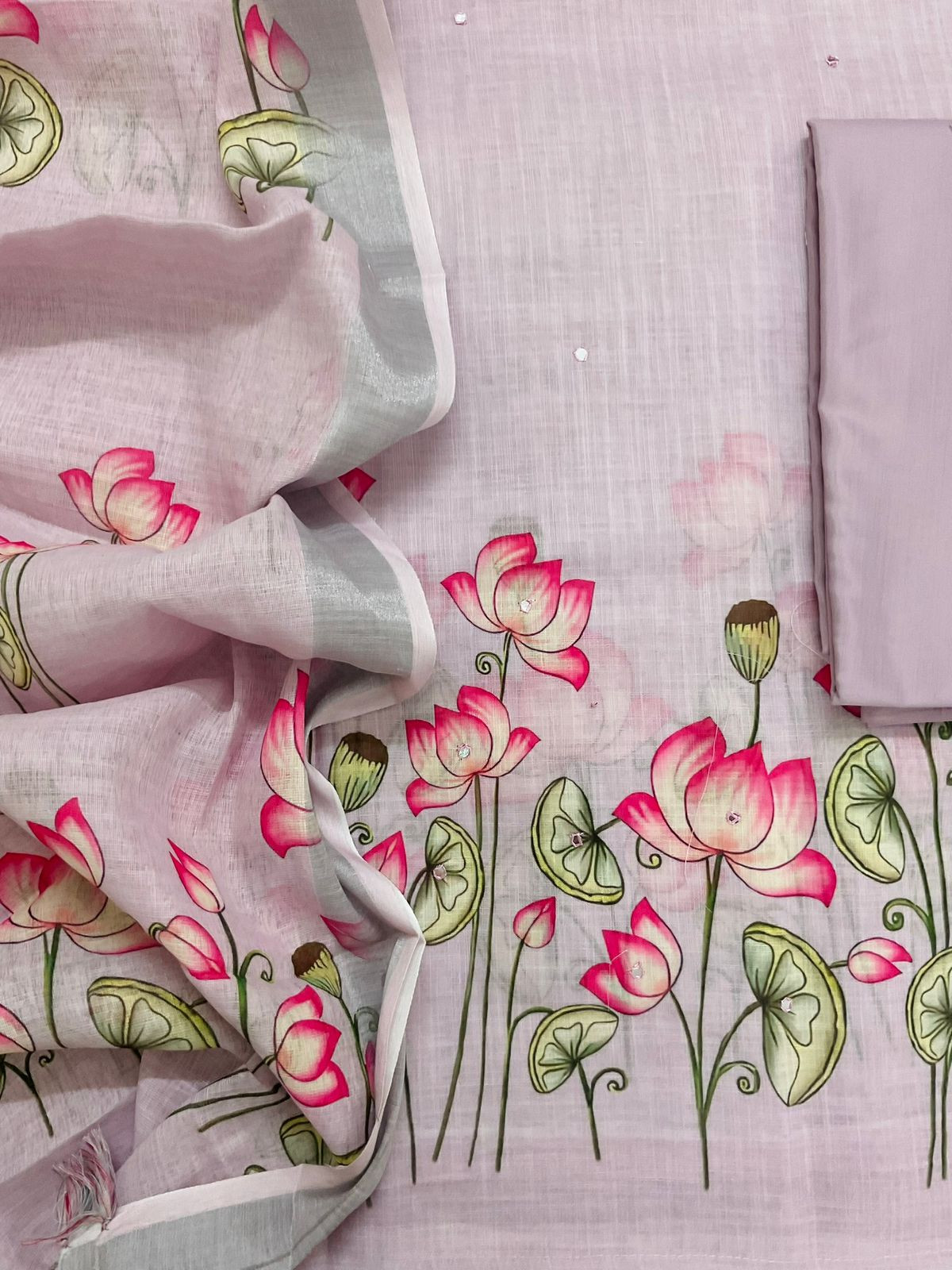Soft Linen Jute Cotton Printed Embroidered Suit - Lavender