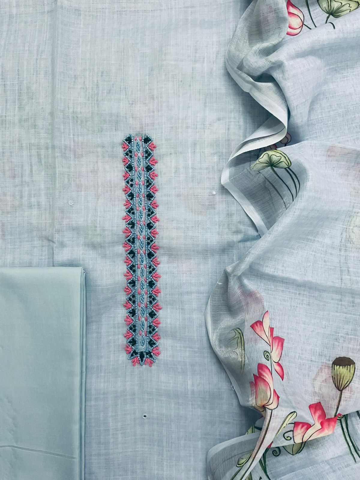 Soft Linen Jute Cotton Printed Embroidered Suit - Blue