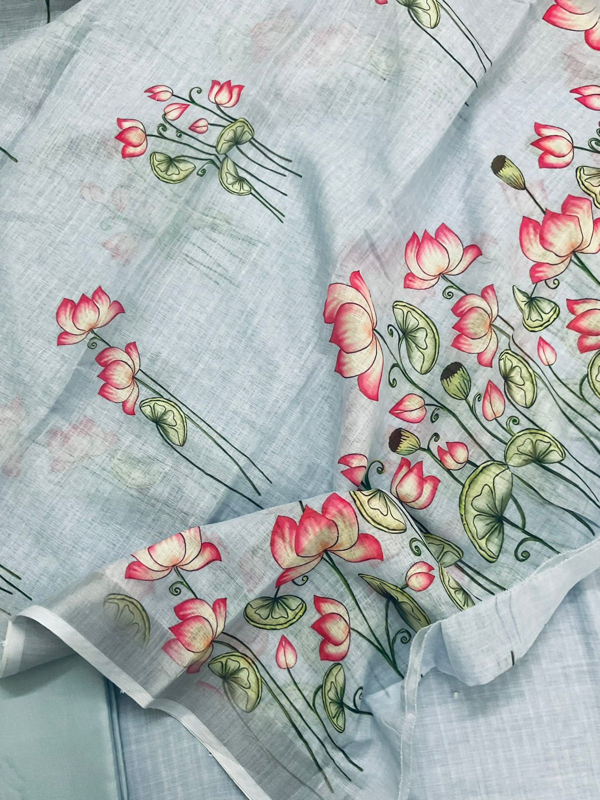 Soft Linen Jute Cotton Printed Embroidered Suit - Blue