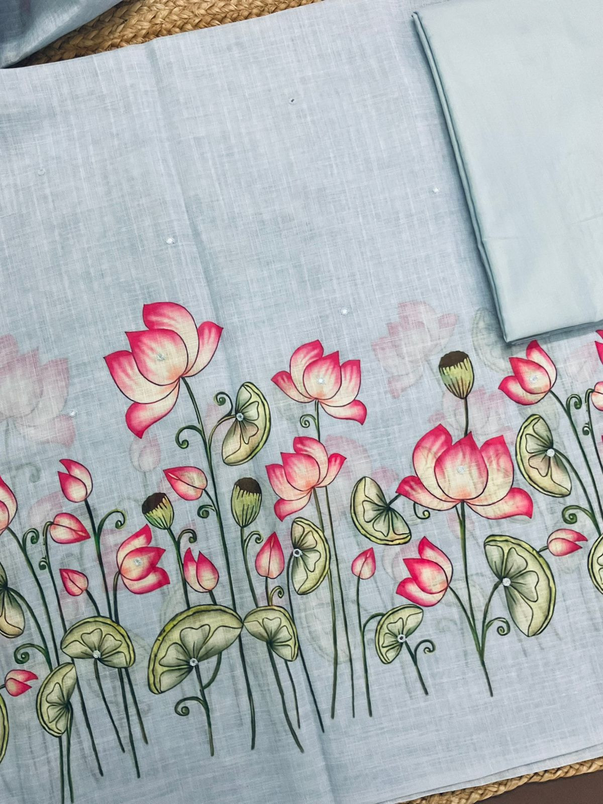 Soft Linen Jute Cotton Printed Embroidered Suit - Blue