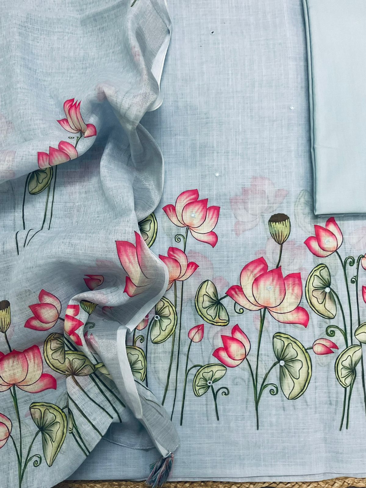 Soft Linen Jute Cotton Printed Embroidered Suit - Blue