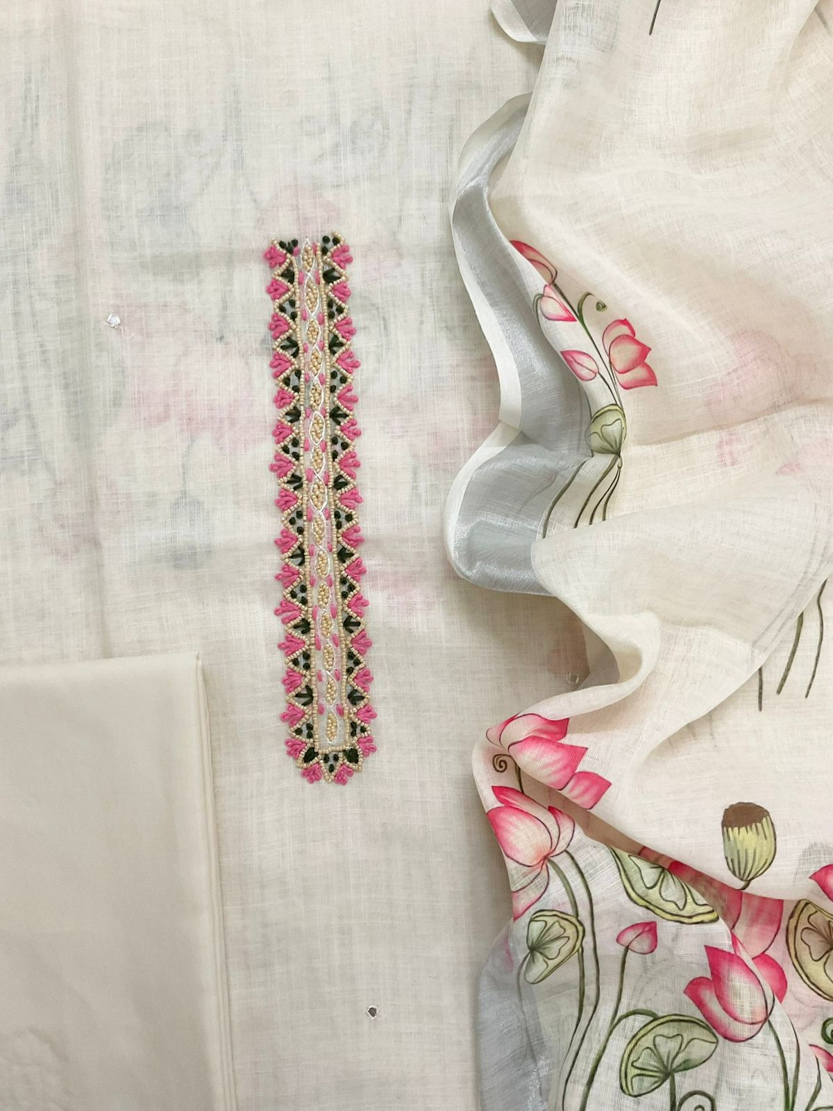 Soft Linen Jute Cotton Printed Embroidered Suit - Cream