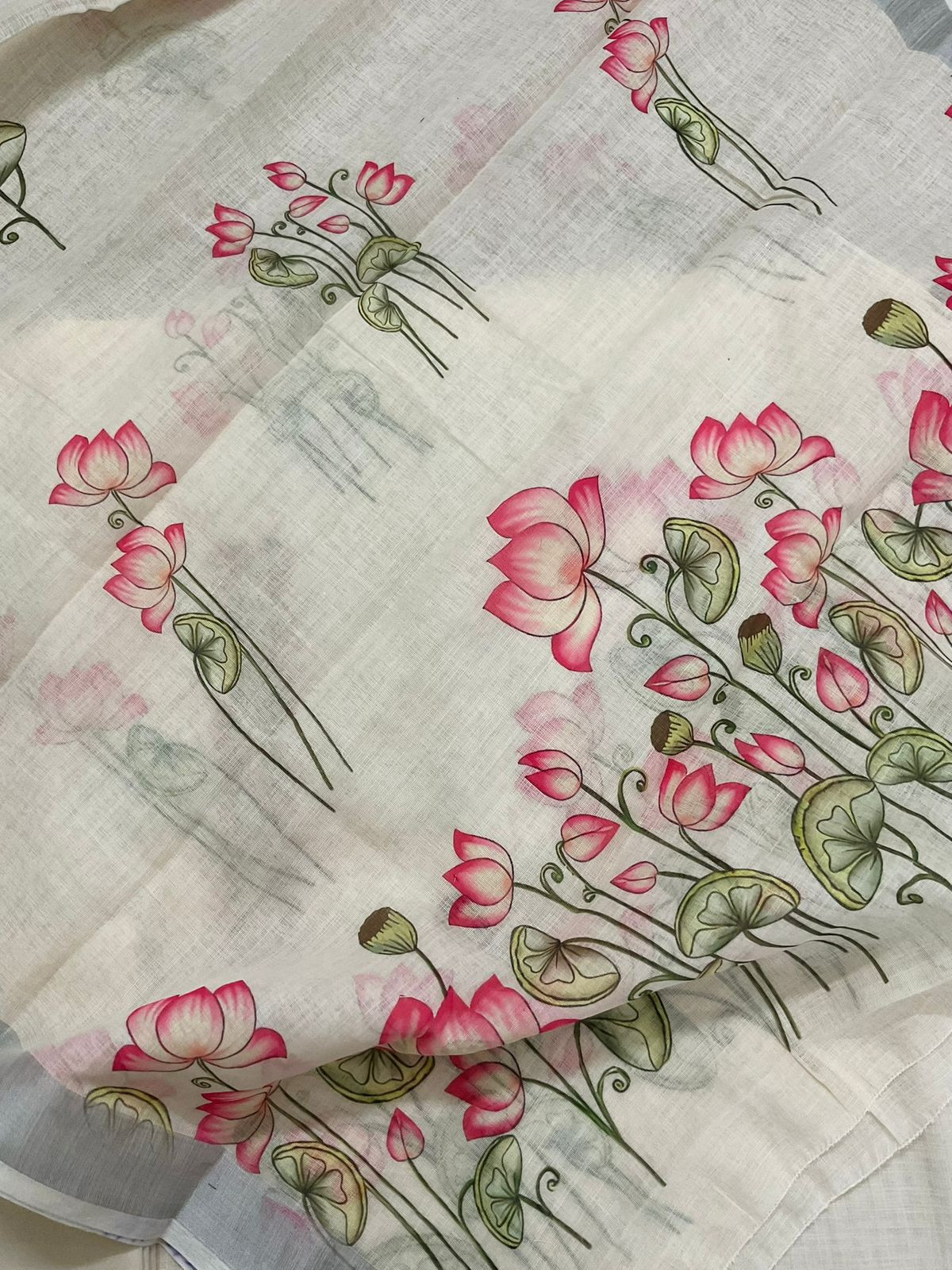 Soft Linen Jute Cotton Printed Embroidered Suit - Cream