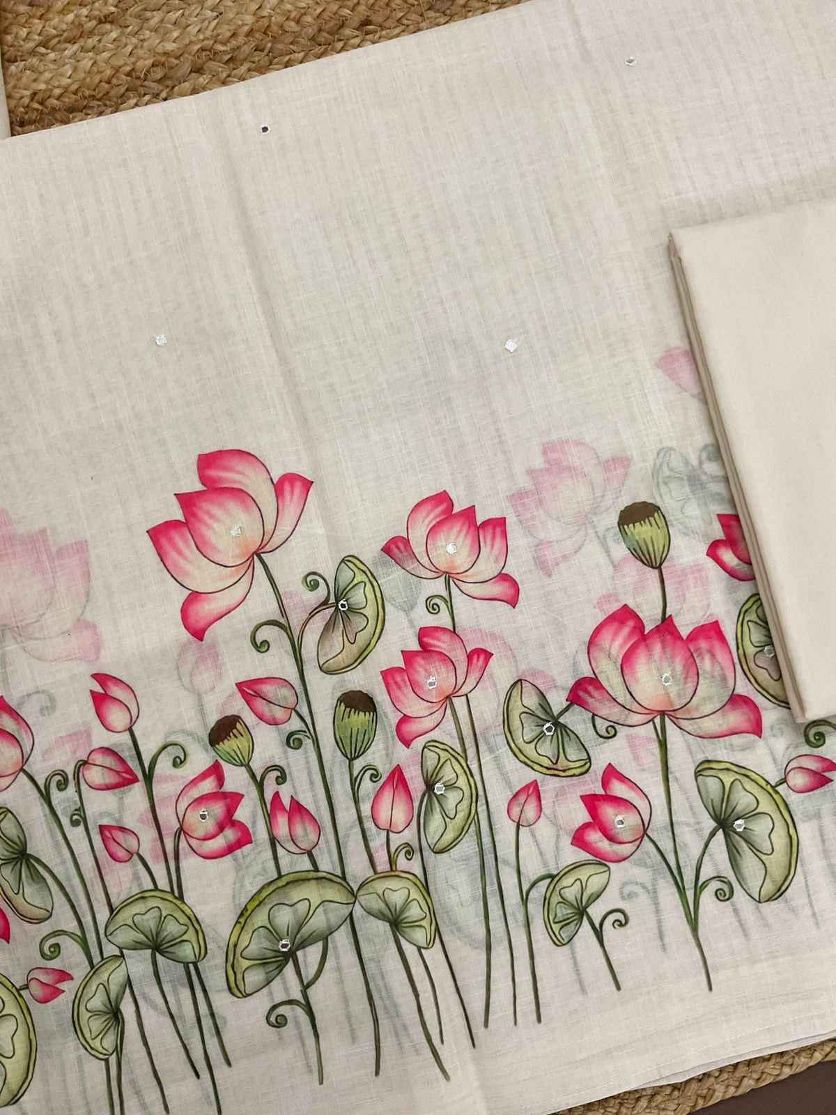 Soft Linen Jute Cotton Printed Embroidered Suit - Cream