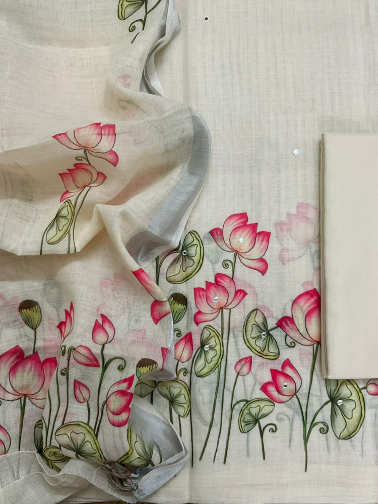 Image of Soft Linen Jute Cotton Printed Embroidered Suit - Cream