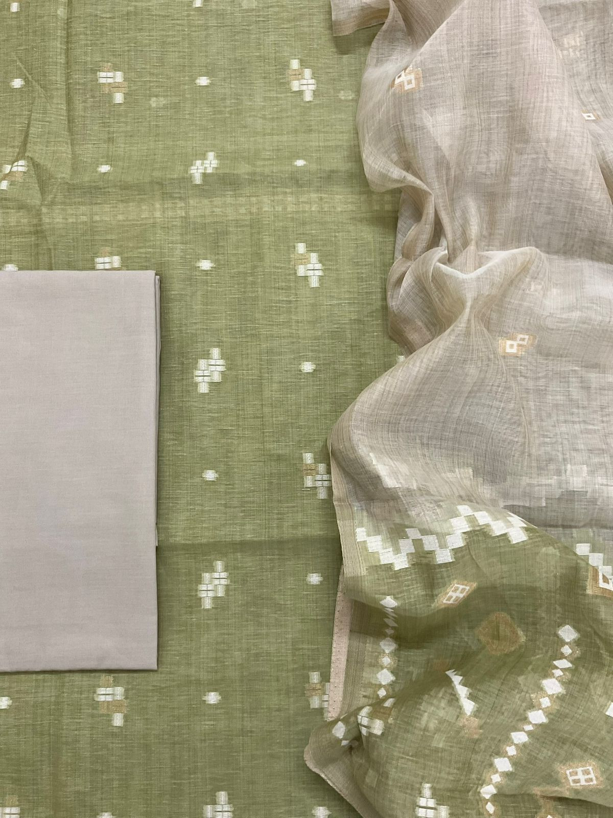 Soft Fine Slub Chanderi Jamdani Weaved Suit - Green
