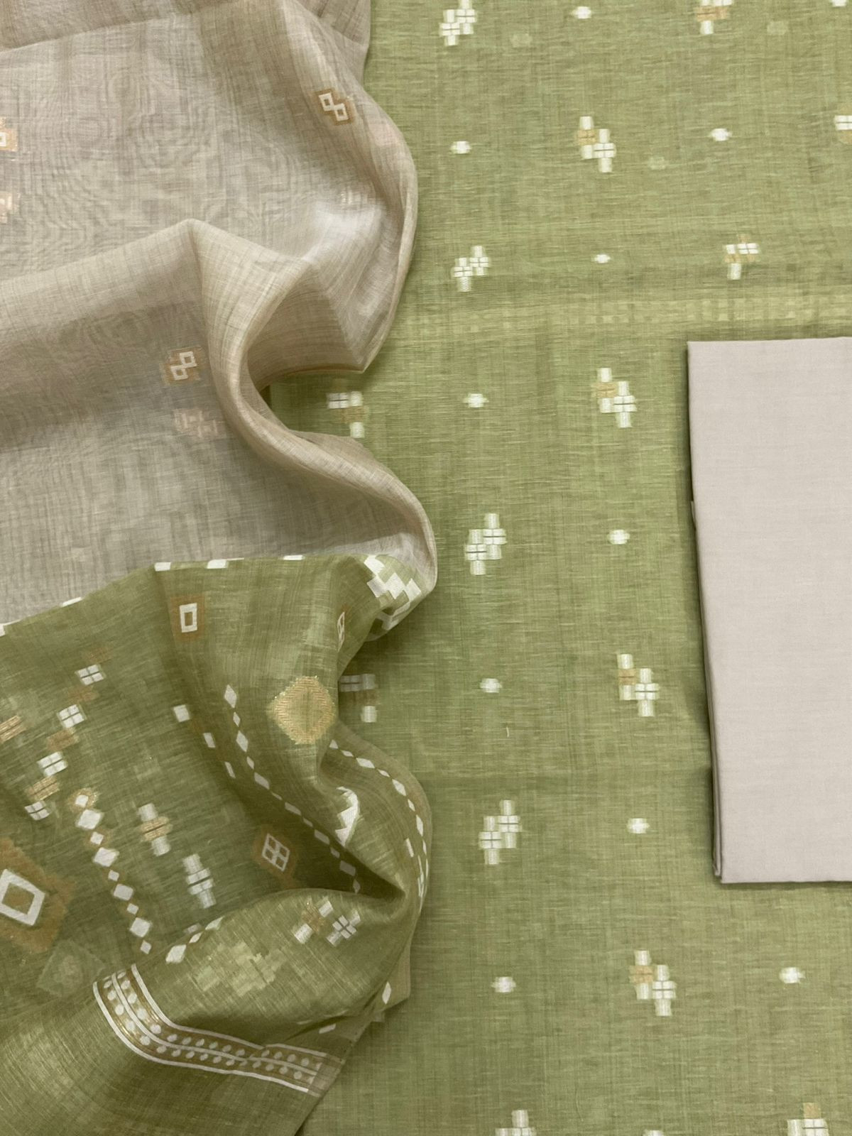 Soft Fine Slub Chanderi Jamdani Weaved Suit - Green