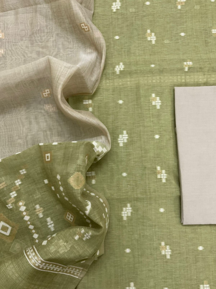 Image of Soft Fine Slub Chanderi Jamdani Weaved Suit - Green
