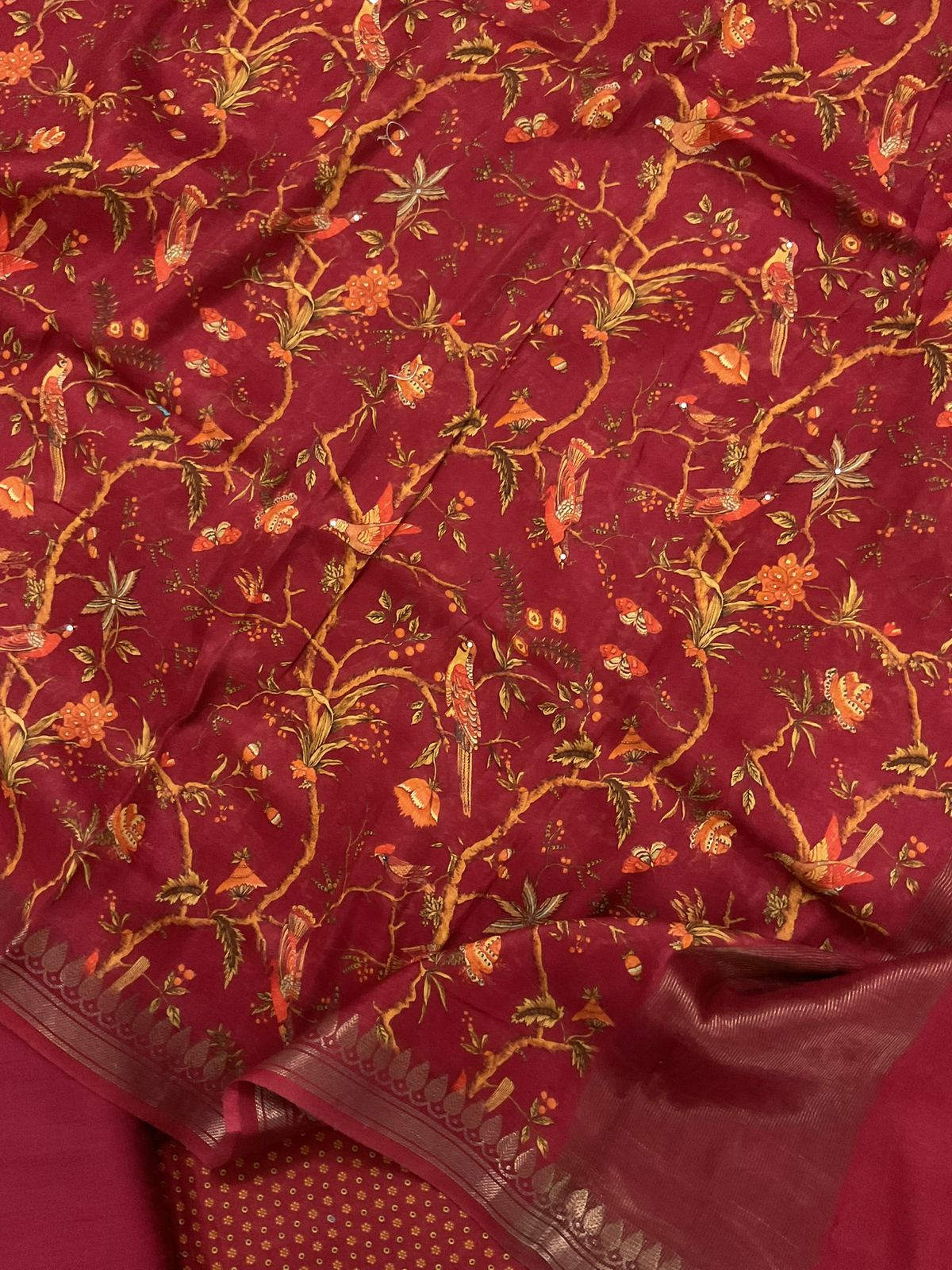 Pure Maheshwari Printed Embroidered Suit - Maroon