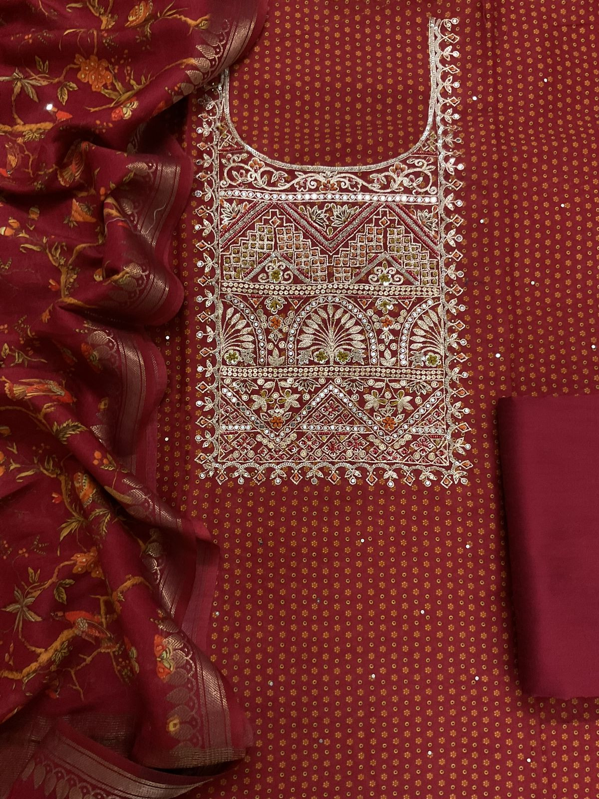 Pure Maheshwari Printed Embroidered Suit - Maroon