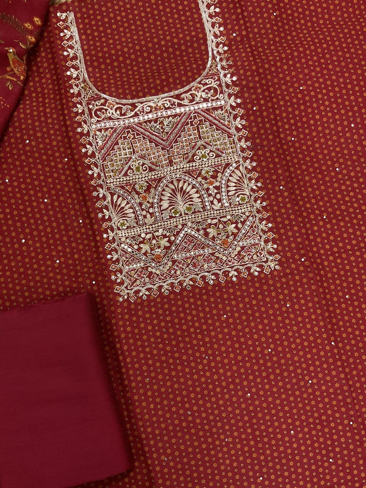 Pure Maheshwari Printed Embroidered Suit - Maroon