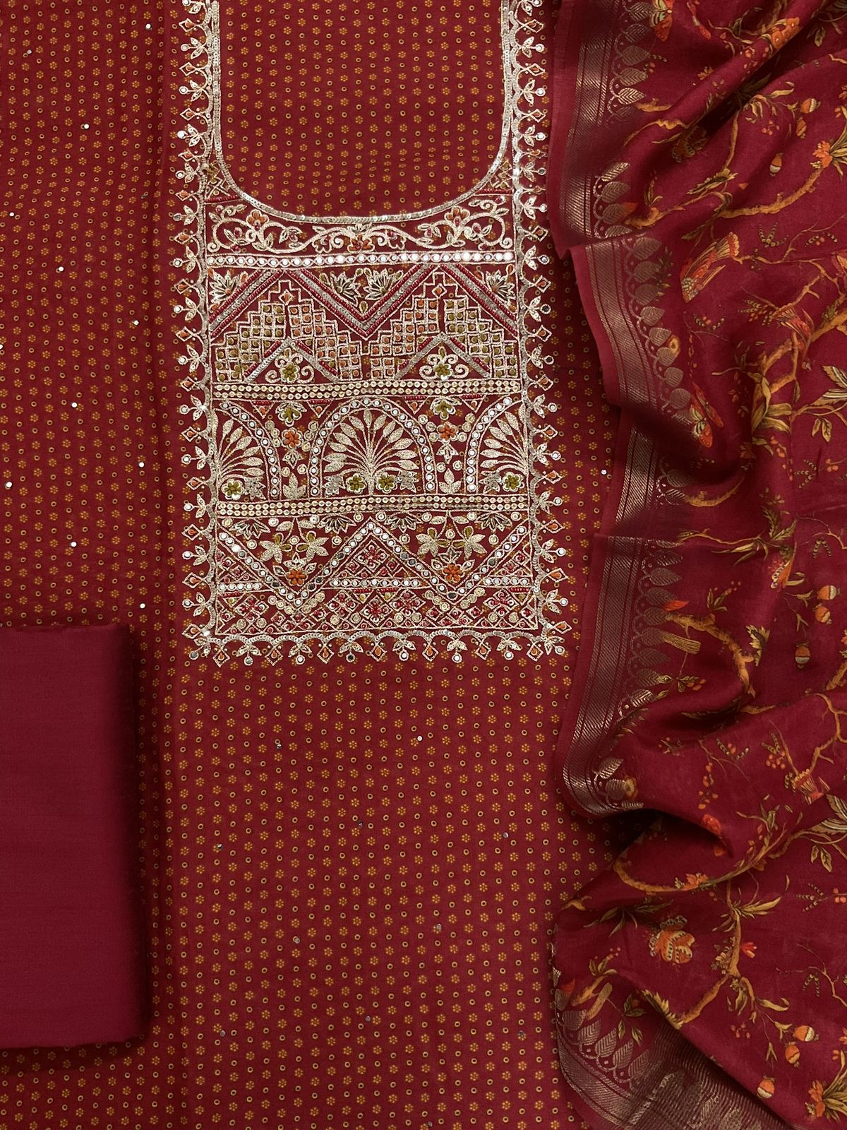 Pure Maheshwari Printed Embroidered Suit - Maroon