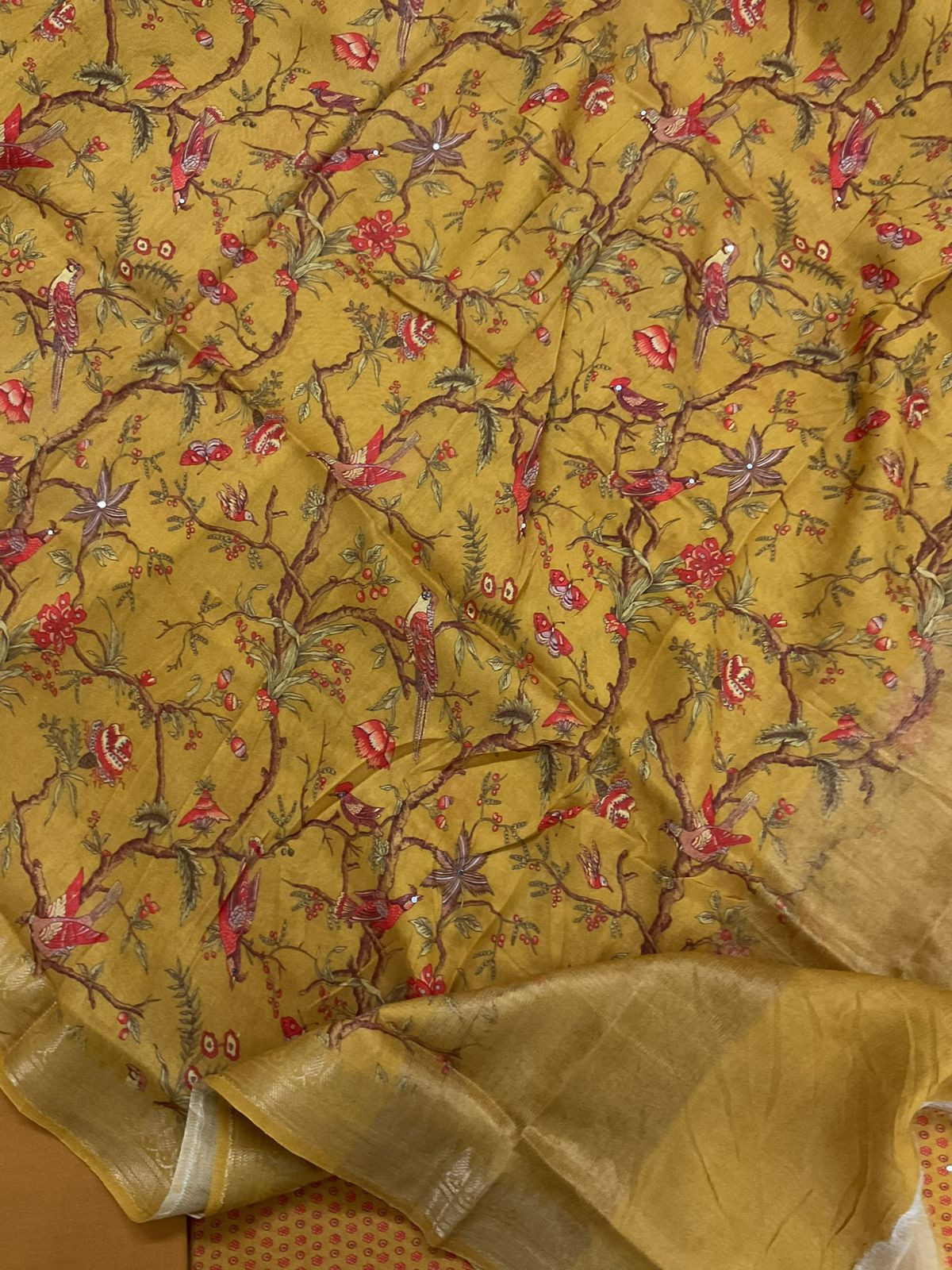 Pure Maheshwari Printed Embroidered Suit - Yellow