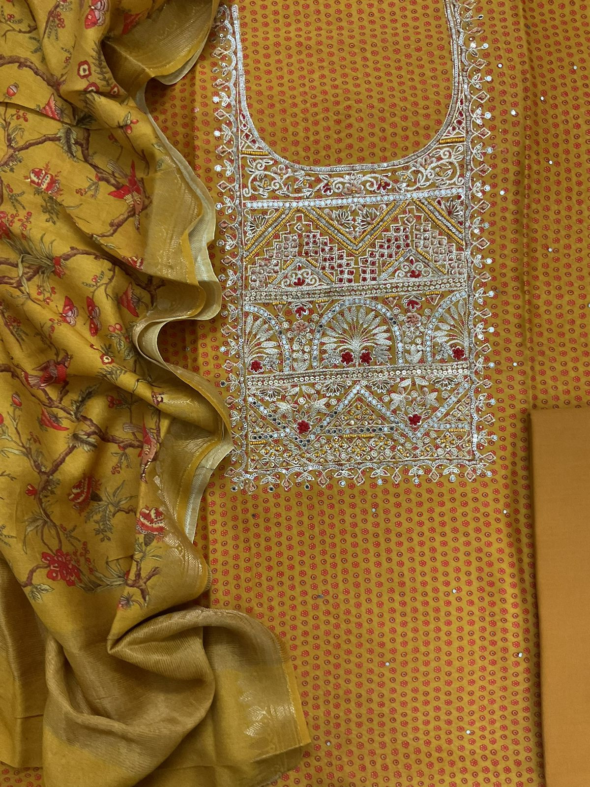 Pure Maheshwari Printed Embroidered Suit - Yellow