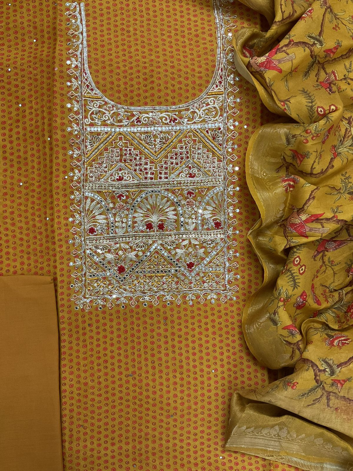 Pure Maheshwari Printed Embroidered Suit - Yellow