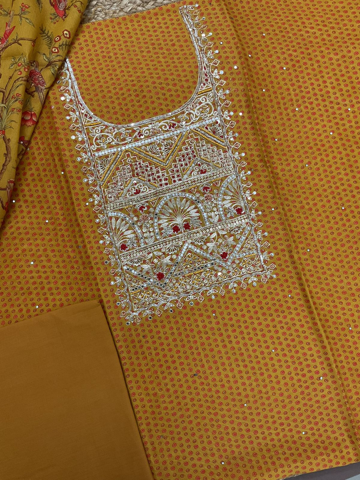 Pure Maheshwari Printed Embroidered Suit - Yellow