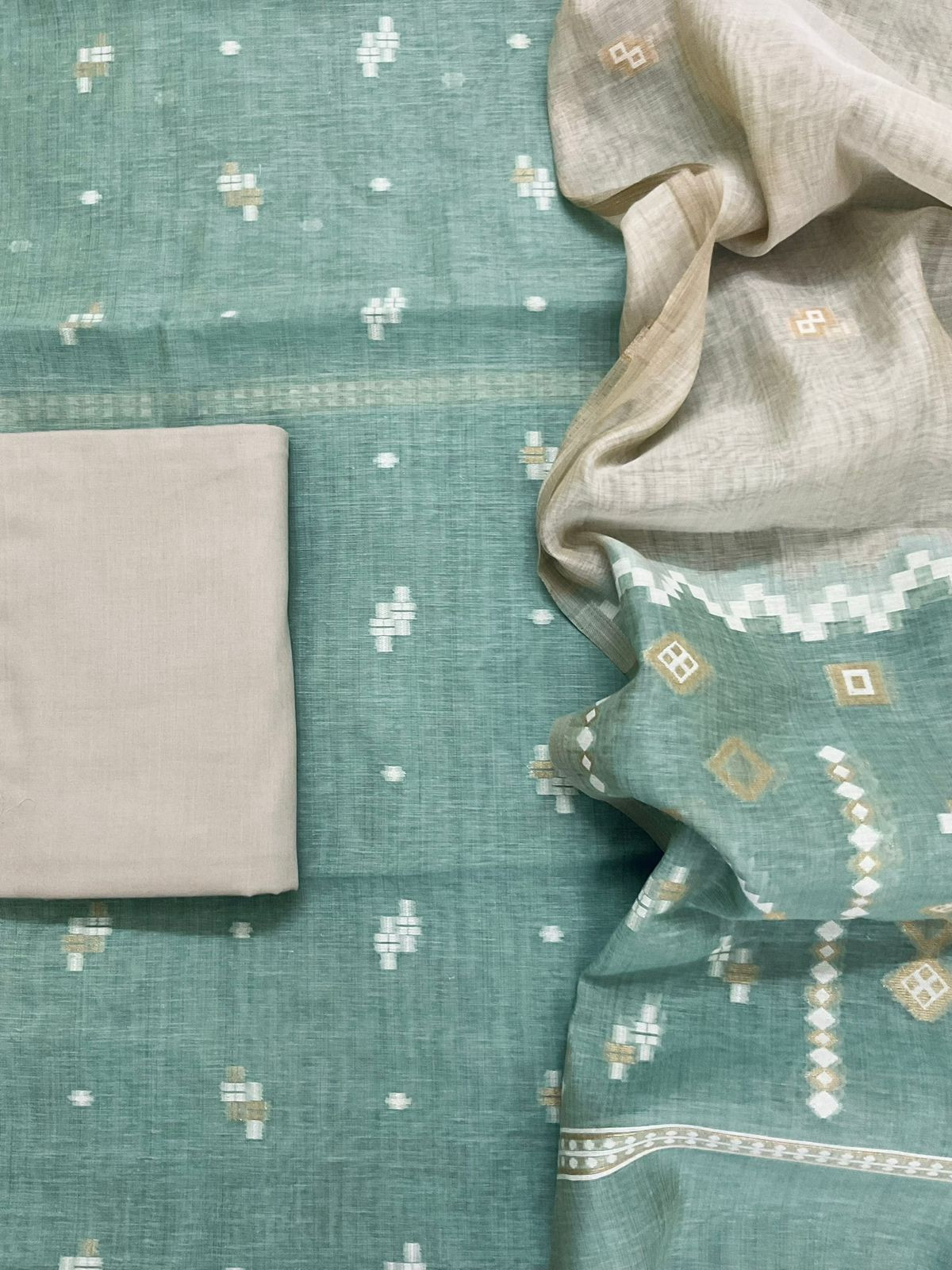 Soft Fine Slub Chanderi Jamdani Weaved Suit - Sea Green