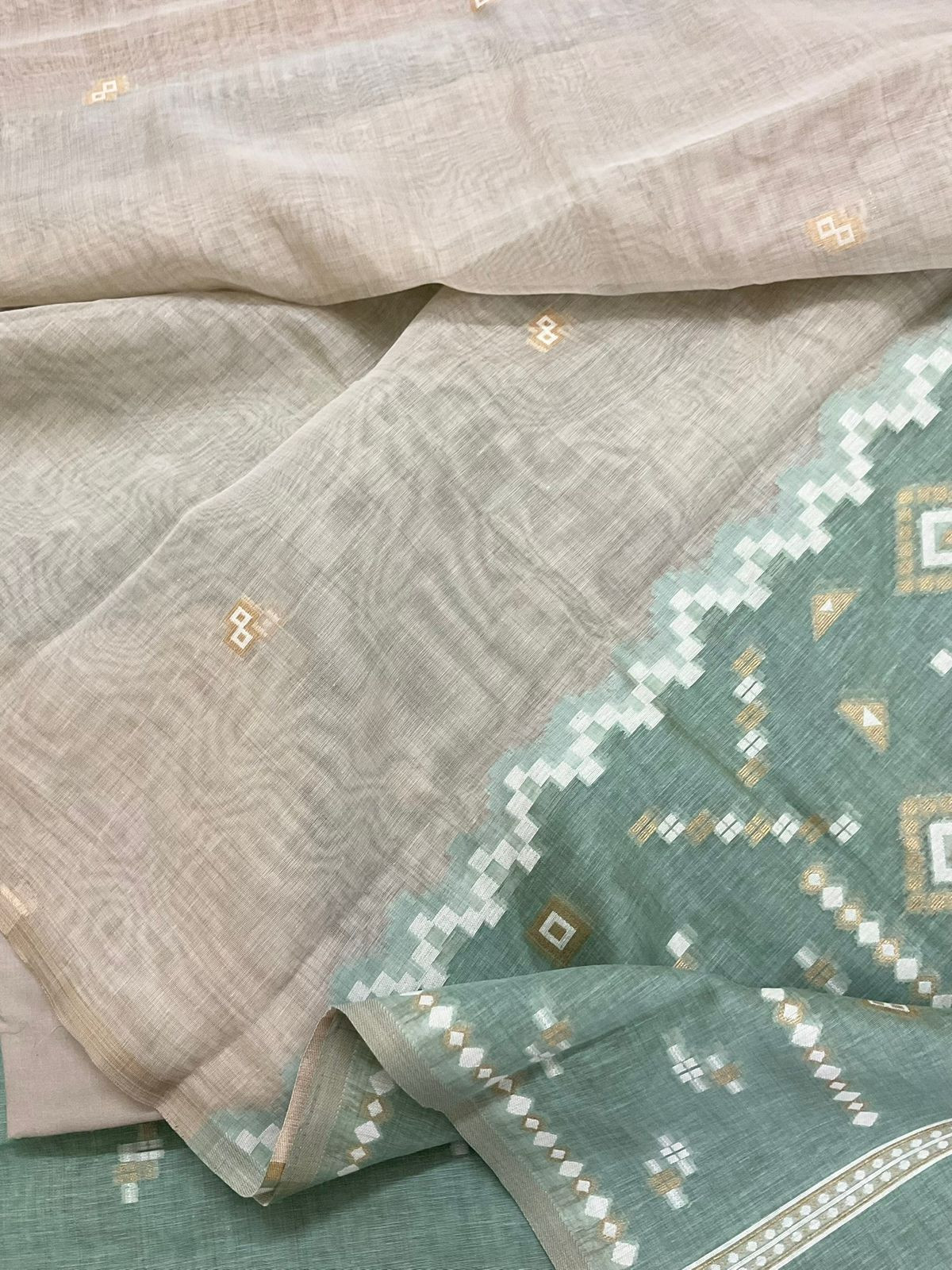 Soft Fine Slub Chanderi Jamdani Weaved Suit - Sea Green