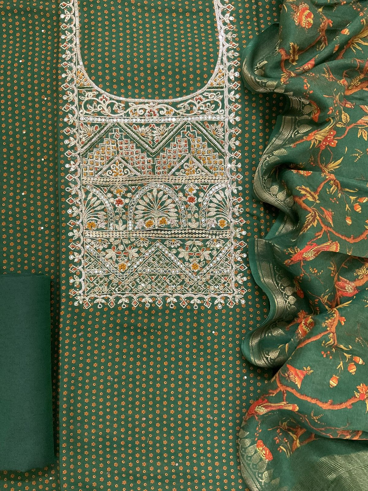 Pure Maheshwari Printed Embroidered Suit - Green