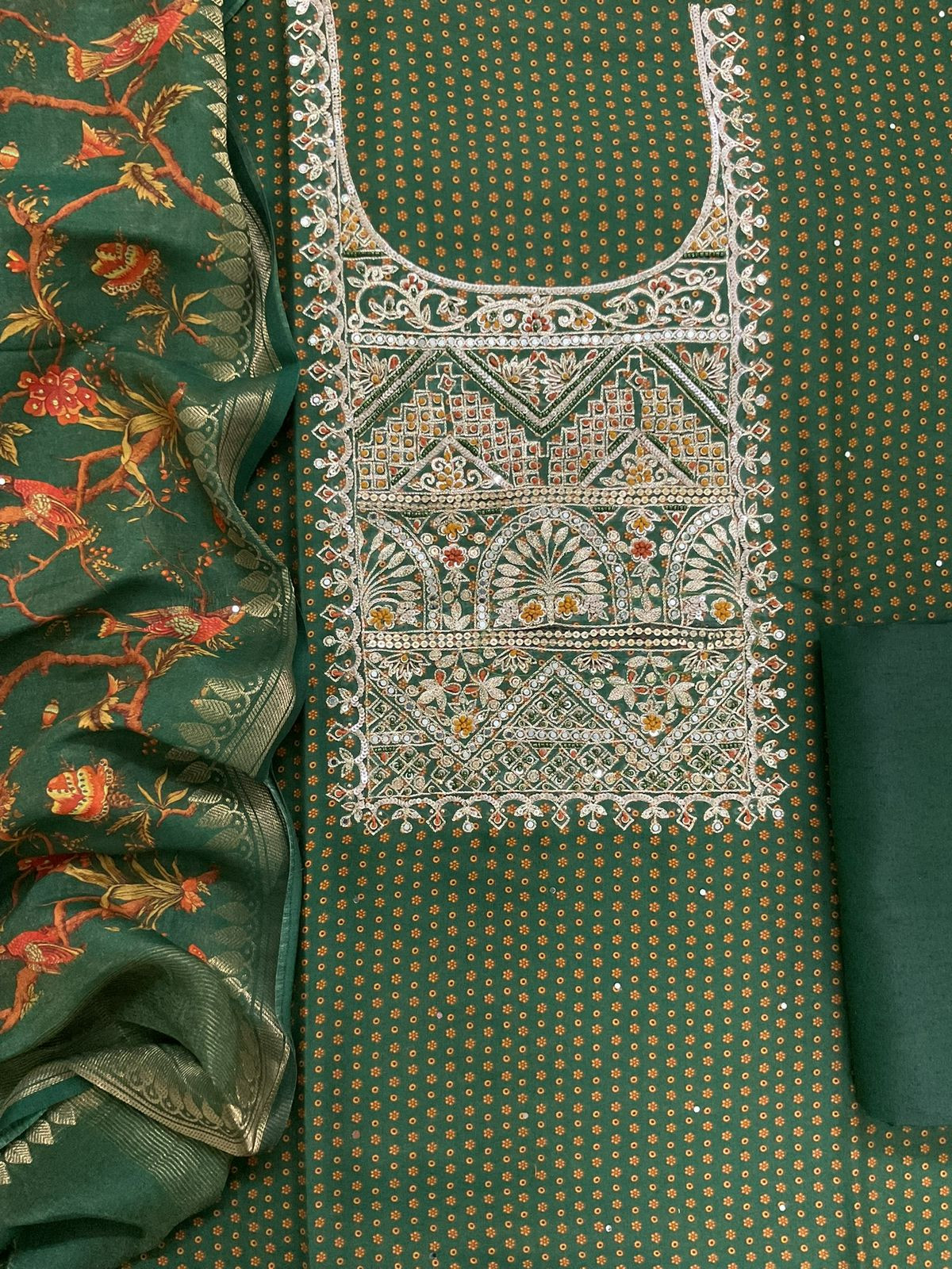 Pure Maheshwari Printed Embroidered Suit - Green