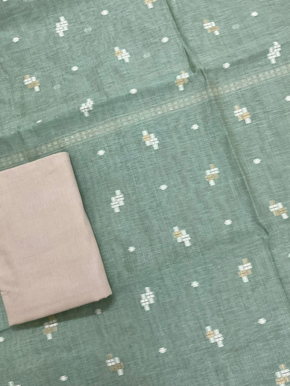 Soft Fine Slub Chanderi Jamdani Weaved Suit - Sea Green