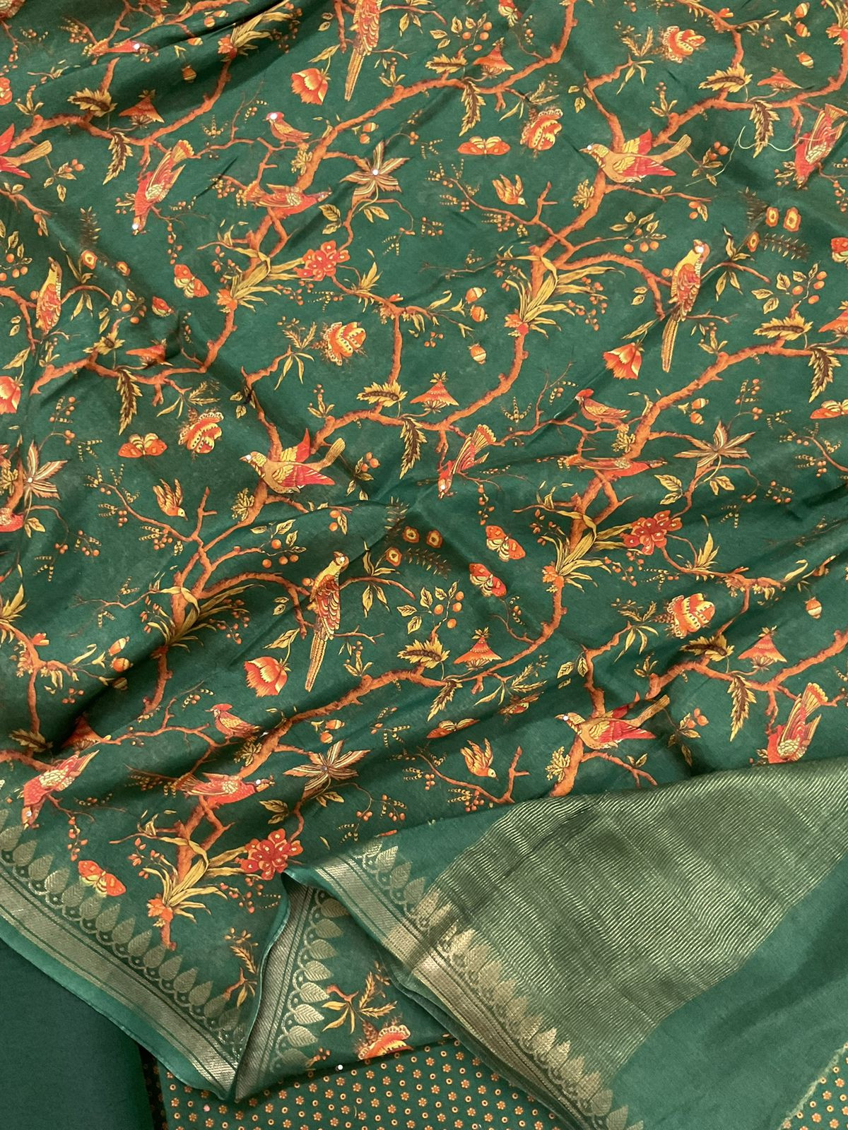 Pure Maheshwari Printed Embroidered Suit - Green