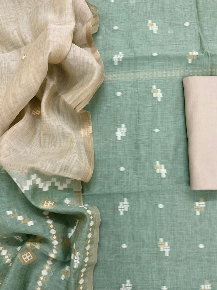 Image of Soft Fine Slub Chanderi Jamdani Weaved Suit - Sea Green