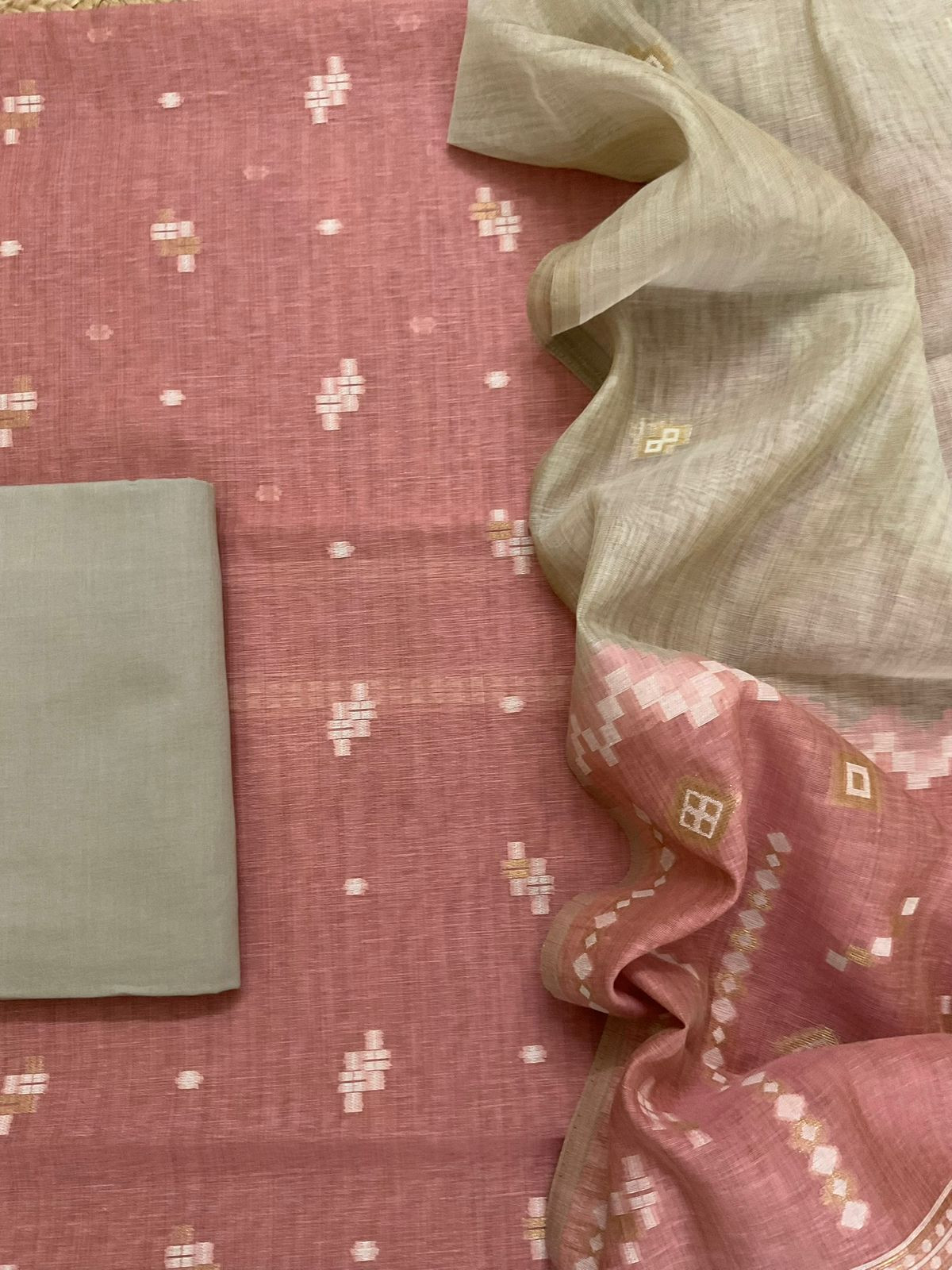 Soft Fine Slub Chanderi Jamdani Weaved Suit - Peach