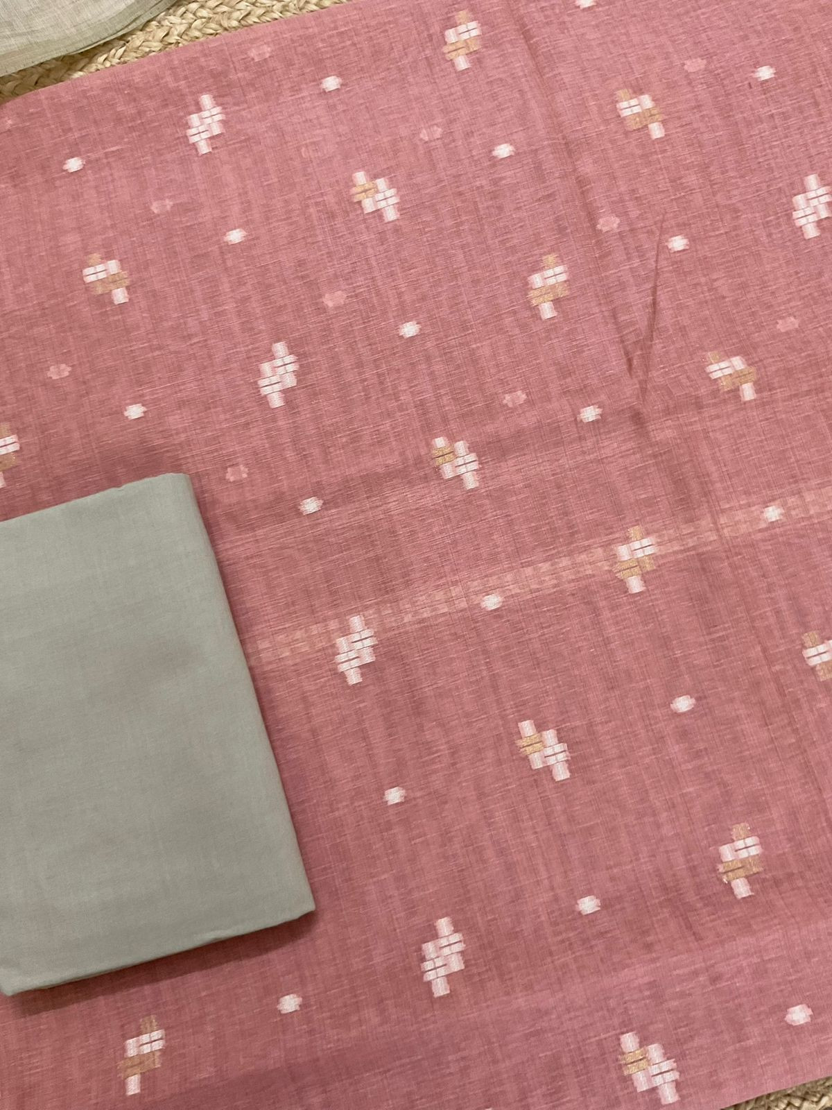 Soft Fine Slub Chanderi Jamdani Weaved Suit - Peach