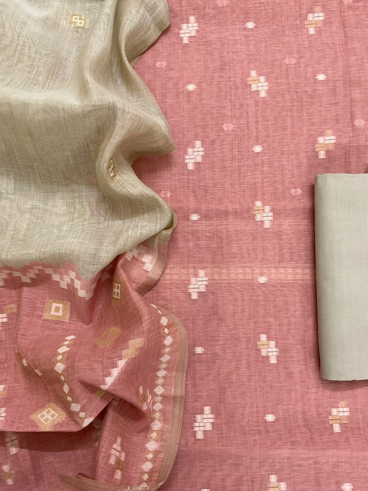 Soft Fine Slub Chanderi Jamdani Weaved Suit - Peach