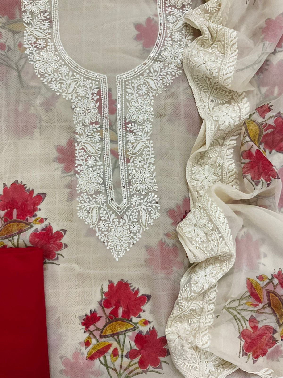 Pure Georgette Block Printed Embroidered Suit - Cream