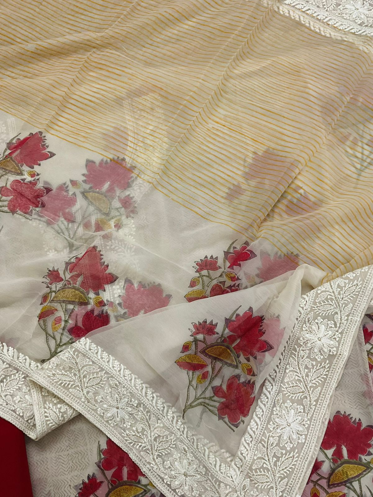 Pure Georgette Block Printed Embroidered Suit - Cream