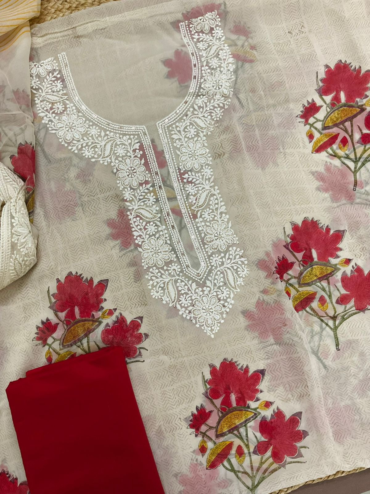 Pure Georgette Block Printed Embroidered Suit - Cream