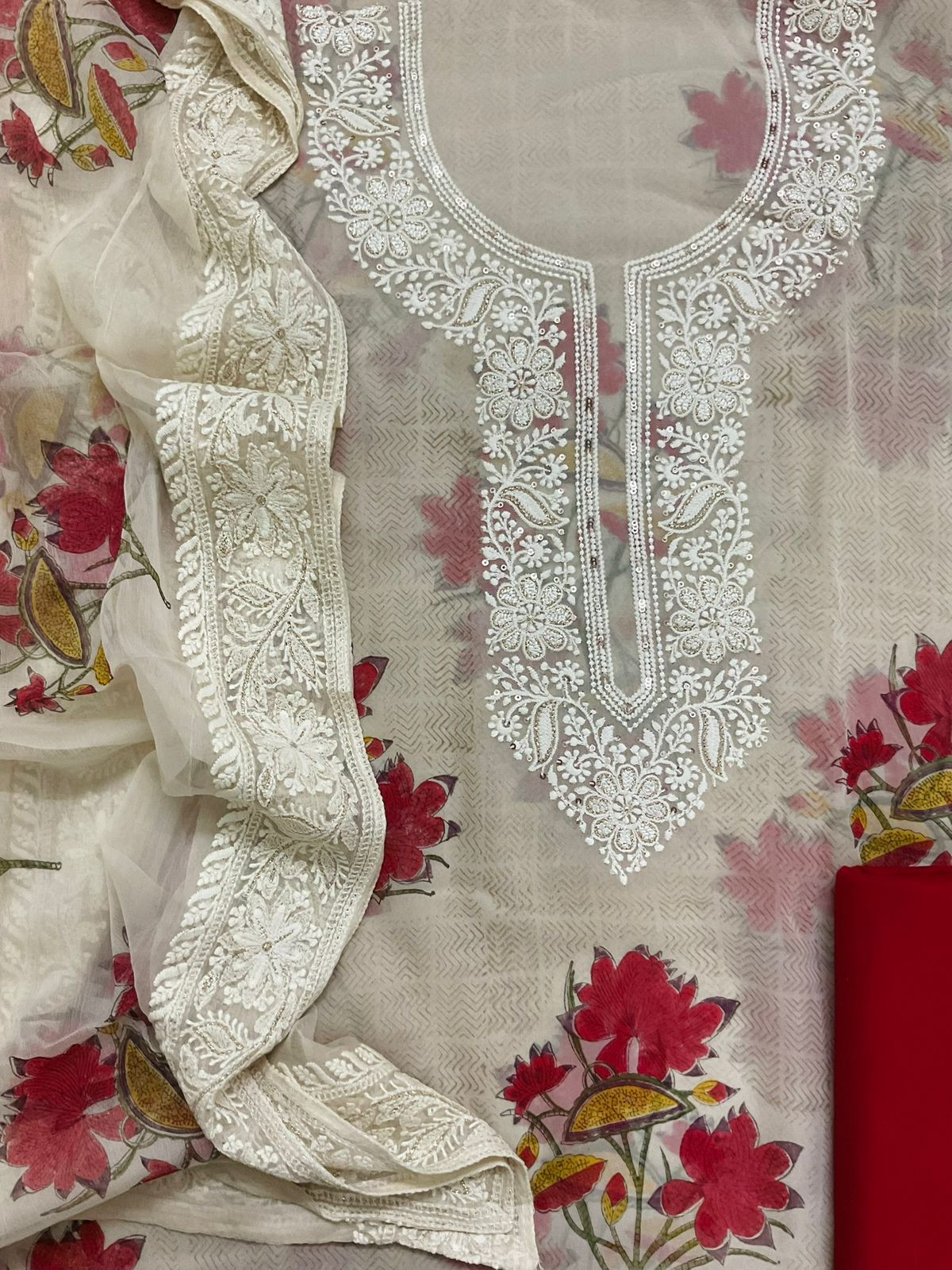 Pure Georgette Block Printed Embroidered Suit - Cream