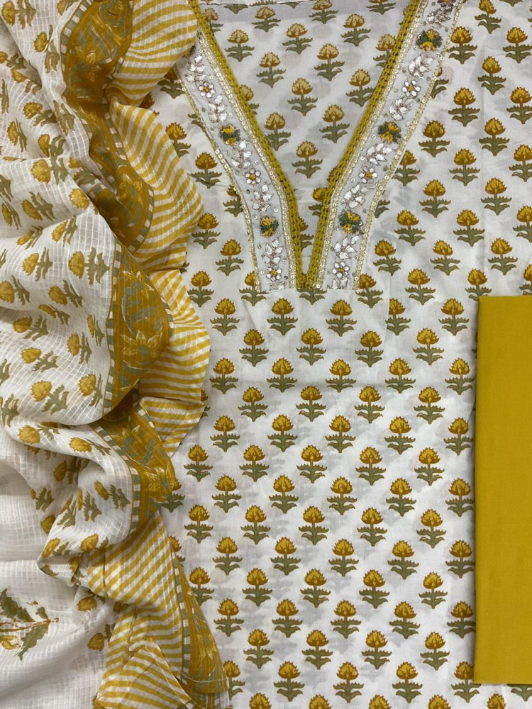 Image of Pure Cotton Printed Embroidered Suit - Off White