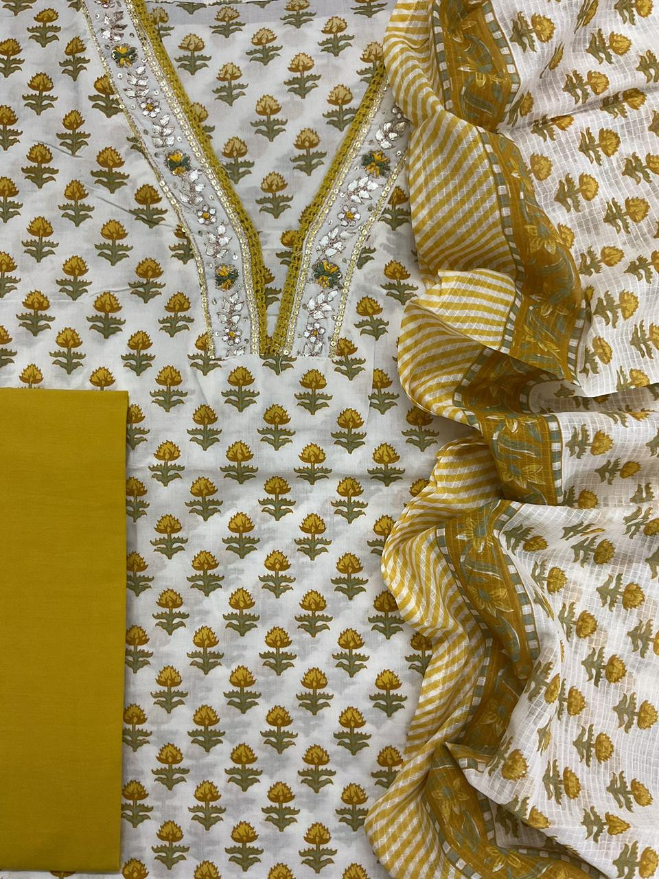 Pure Cotton Printed Embroidered Suit - Off White