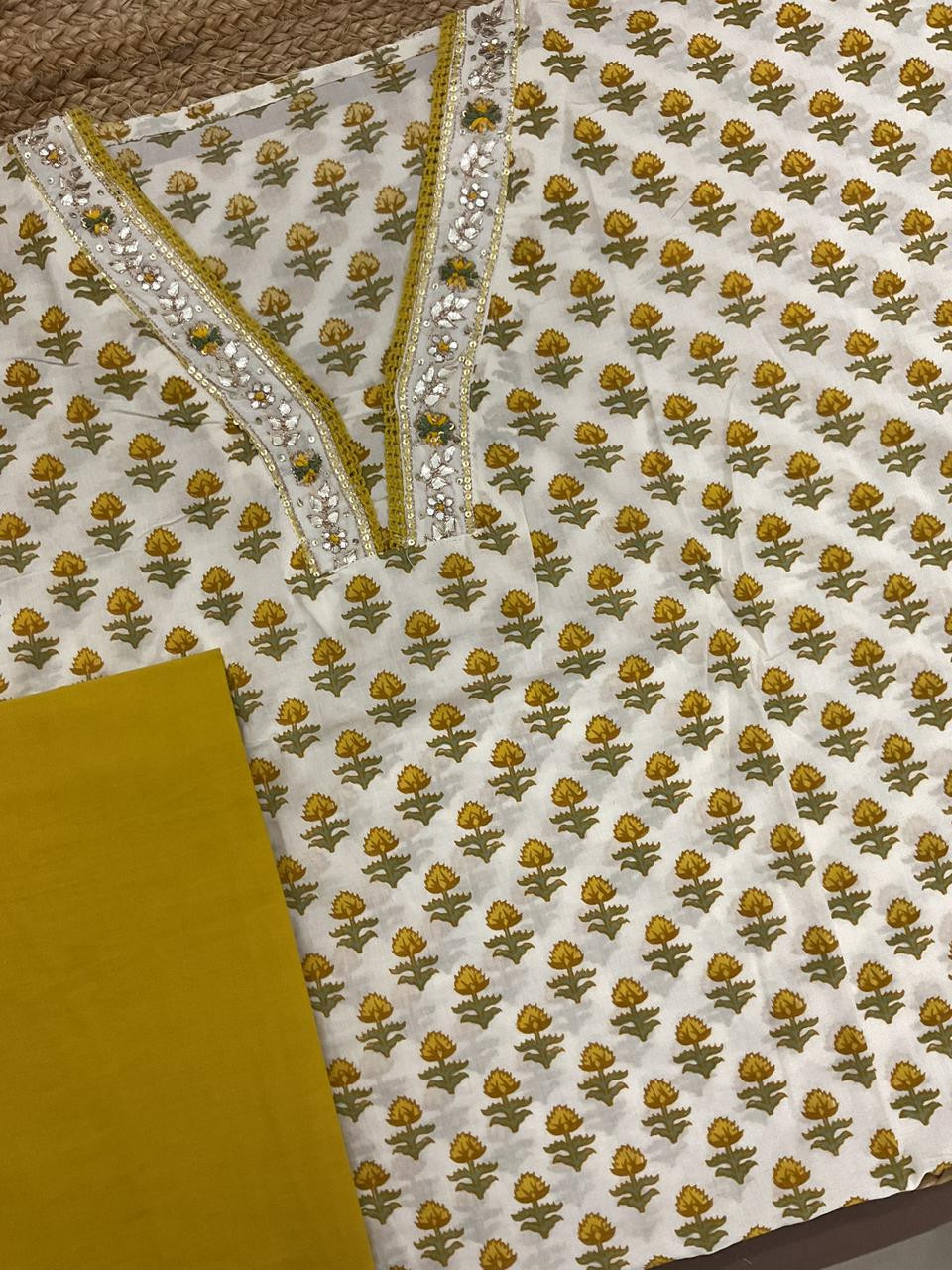 Pure Cotton Printed Embroidered Suit - Off White