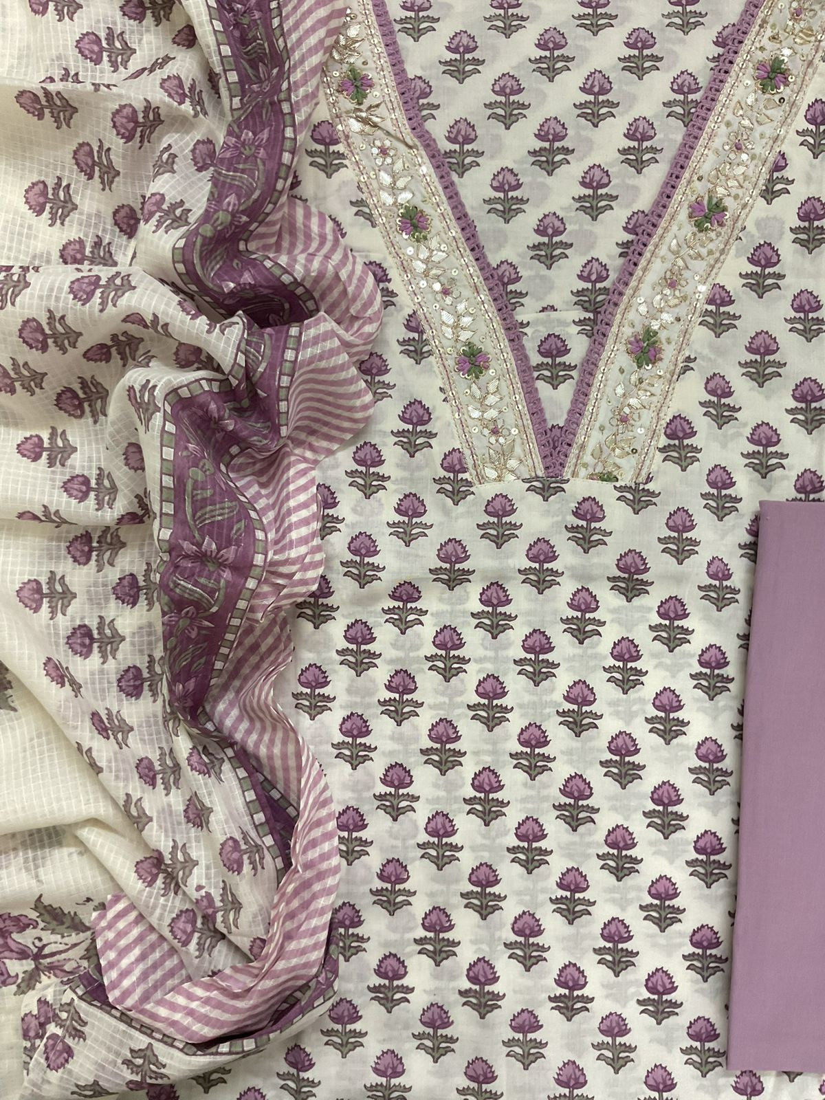 Pure Cotton Printed Embroidered Suit - Off White