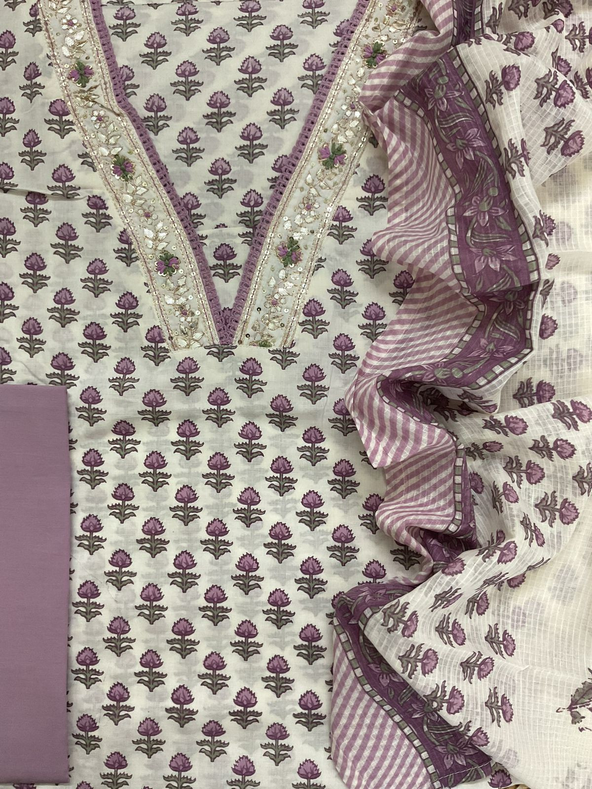 Pure Cotton Printed Embroidered Suit - Off White