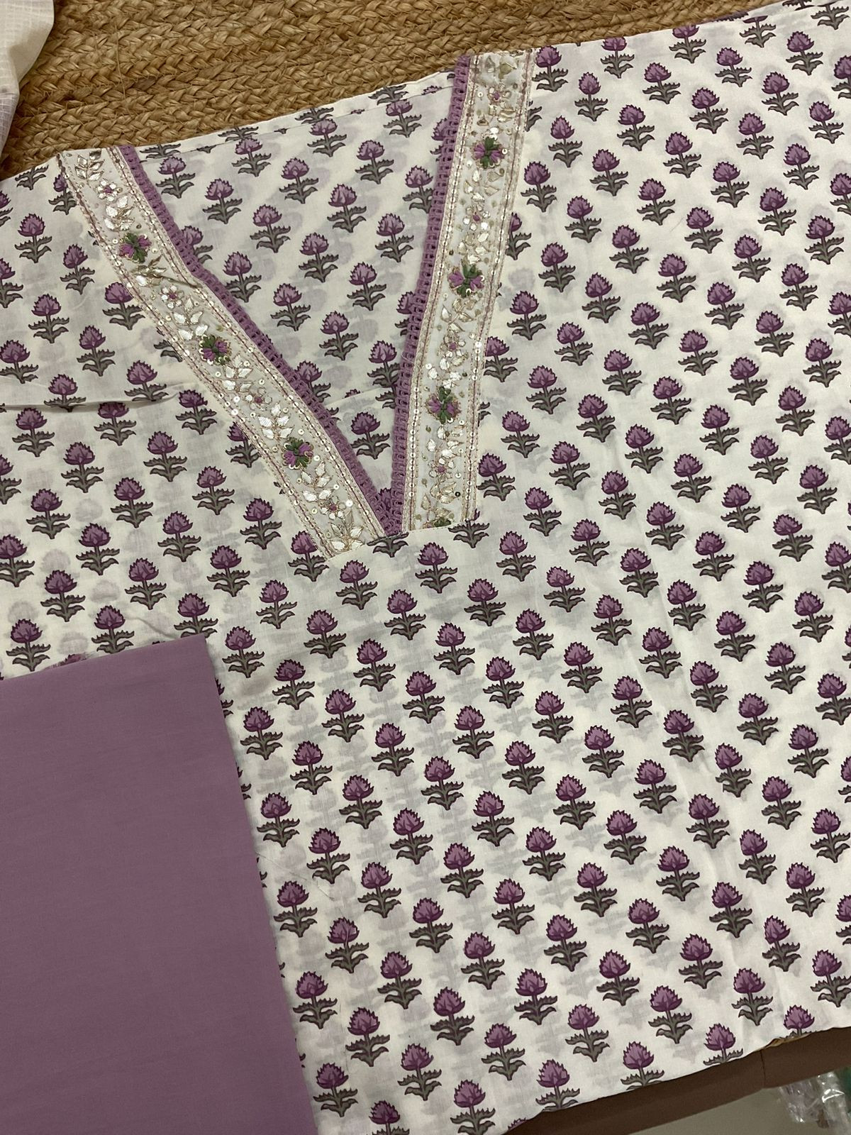 Pure Cotton Printed Embroidered Suit - Off White