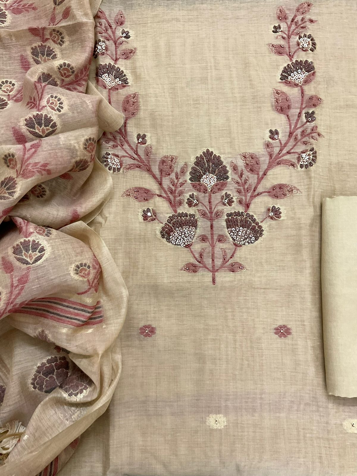 Soft Slub Chanderi Jamdani Weaved Embroidered Suit - Beige