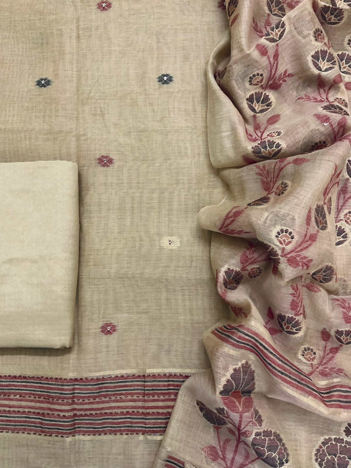 Soft Slub Chanderi Jamdani Weaved Embroidered Suit - Beige