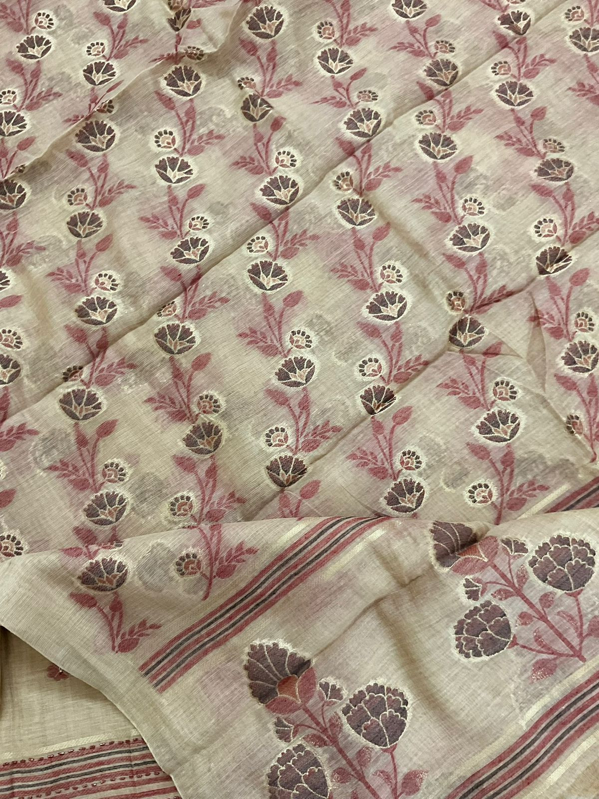 Soft Slub Chanderi Jamdani Weaved Embroidered Suit - Beige