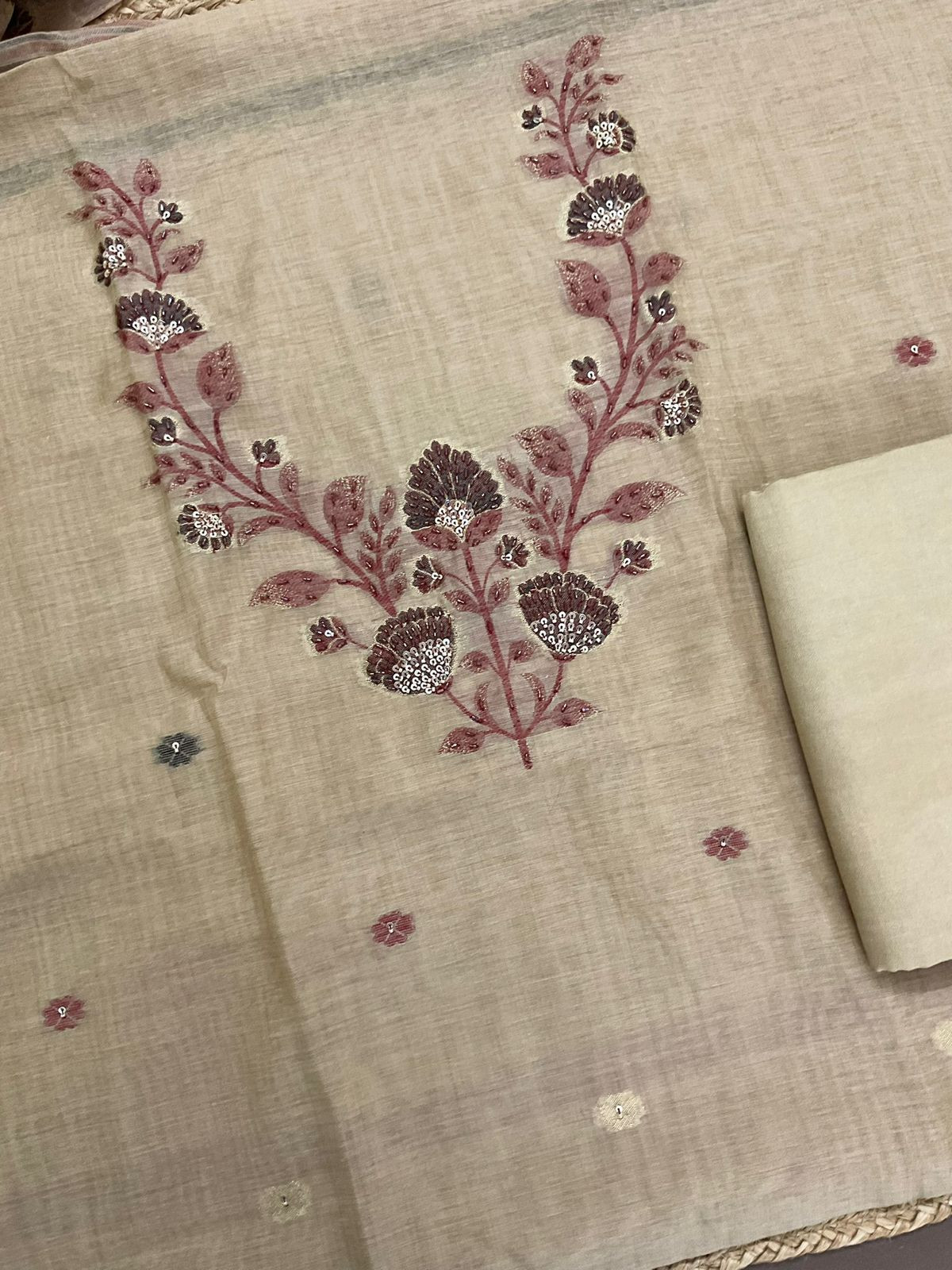 Soft Slub Chanderi Jamdani Weaved Embroidered Suit - Beige