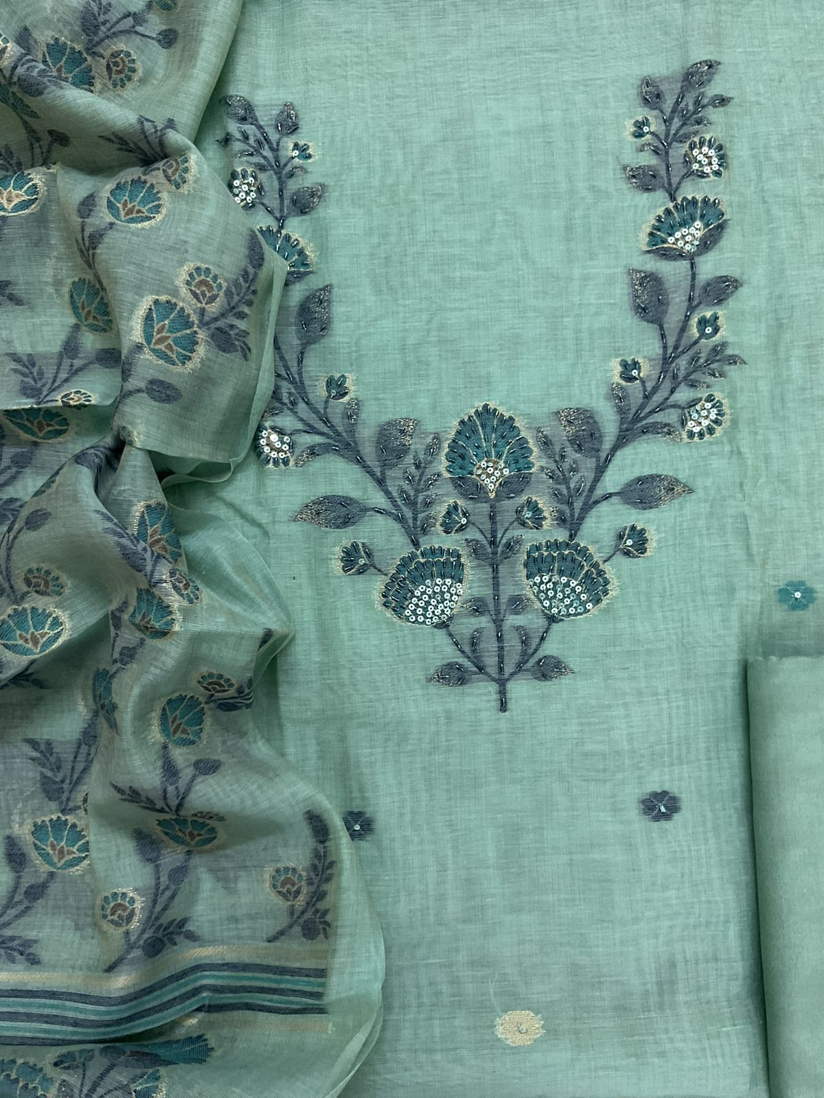 Soft Slub Chanderi Jamdani Weaved Embroidered Suit - Blue