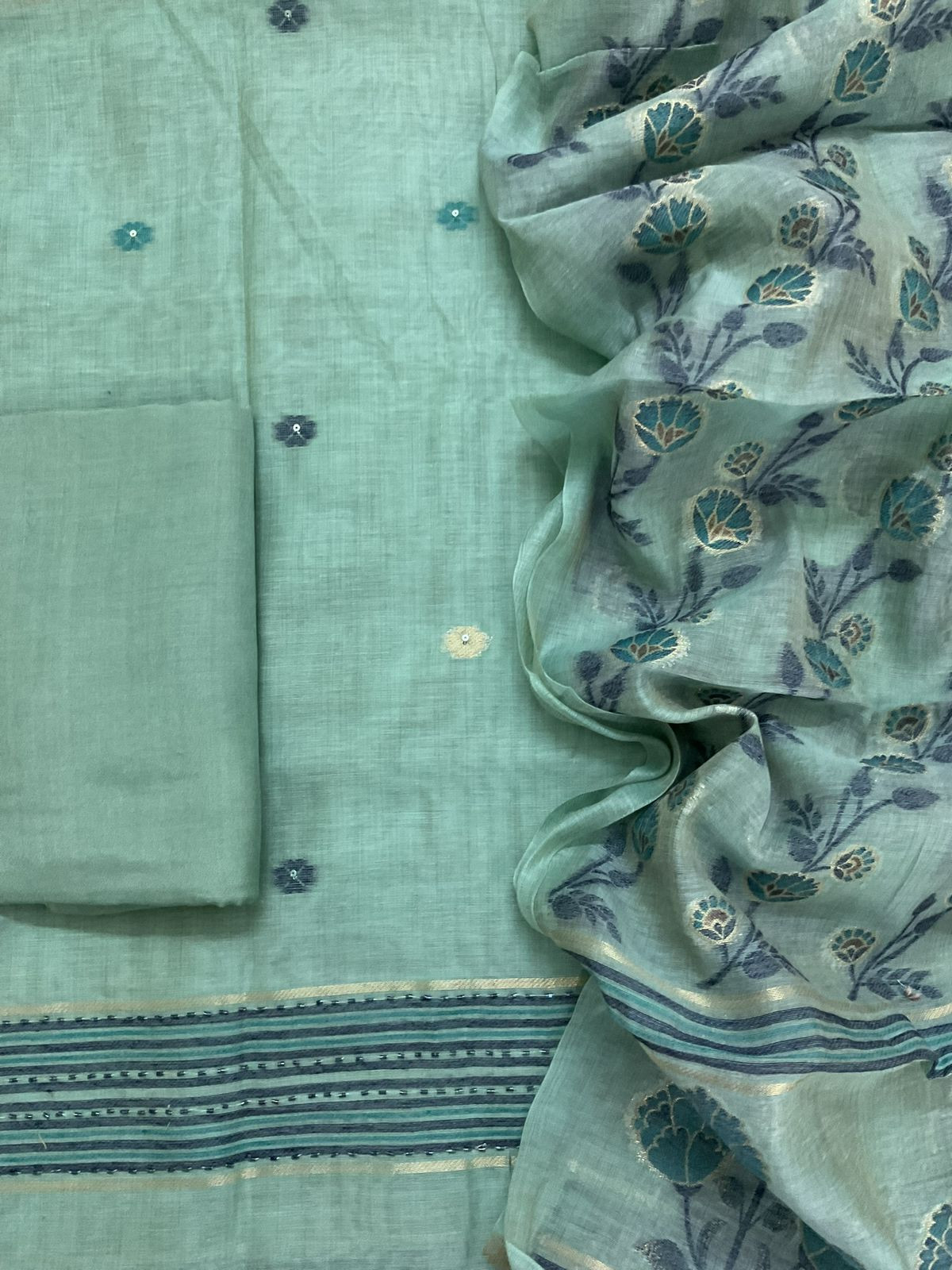 Soft Slub Chanderi Jamdani Weaved Embroidered Suit - Blue