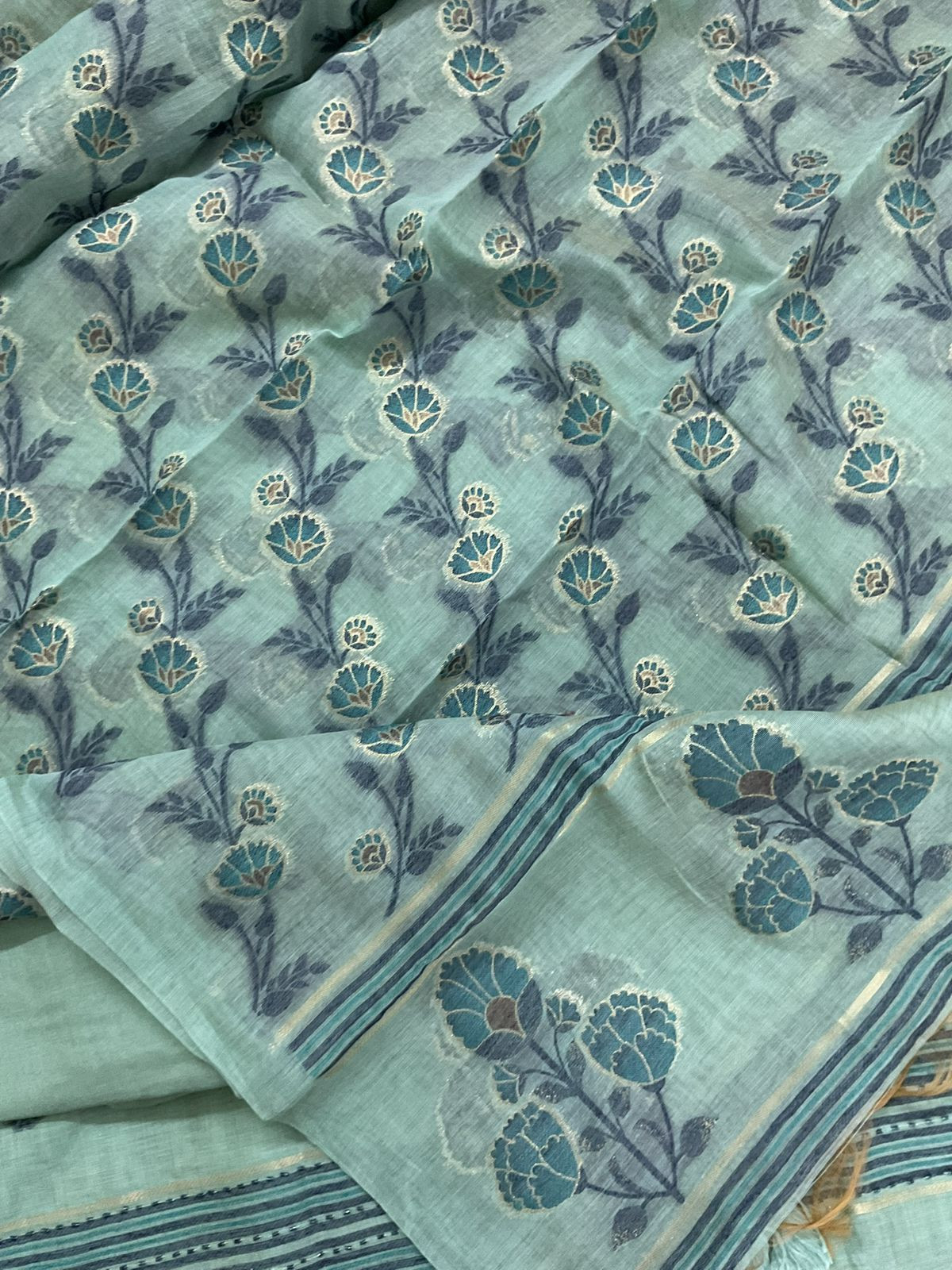 Soft Slub Chanderi Jamdani Weaved Embroidered Suit - Blue