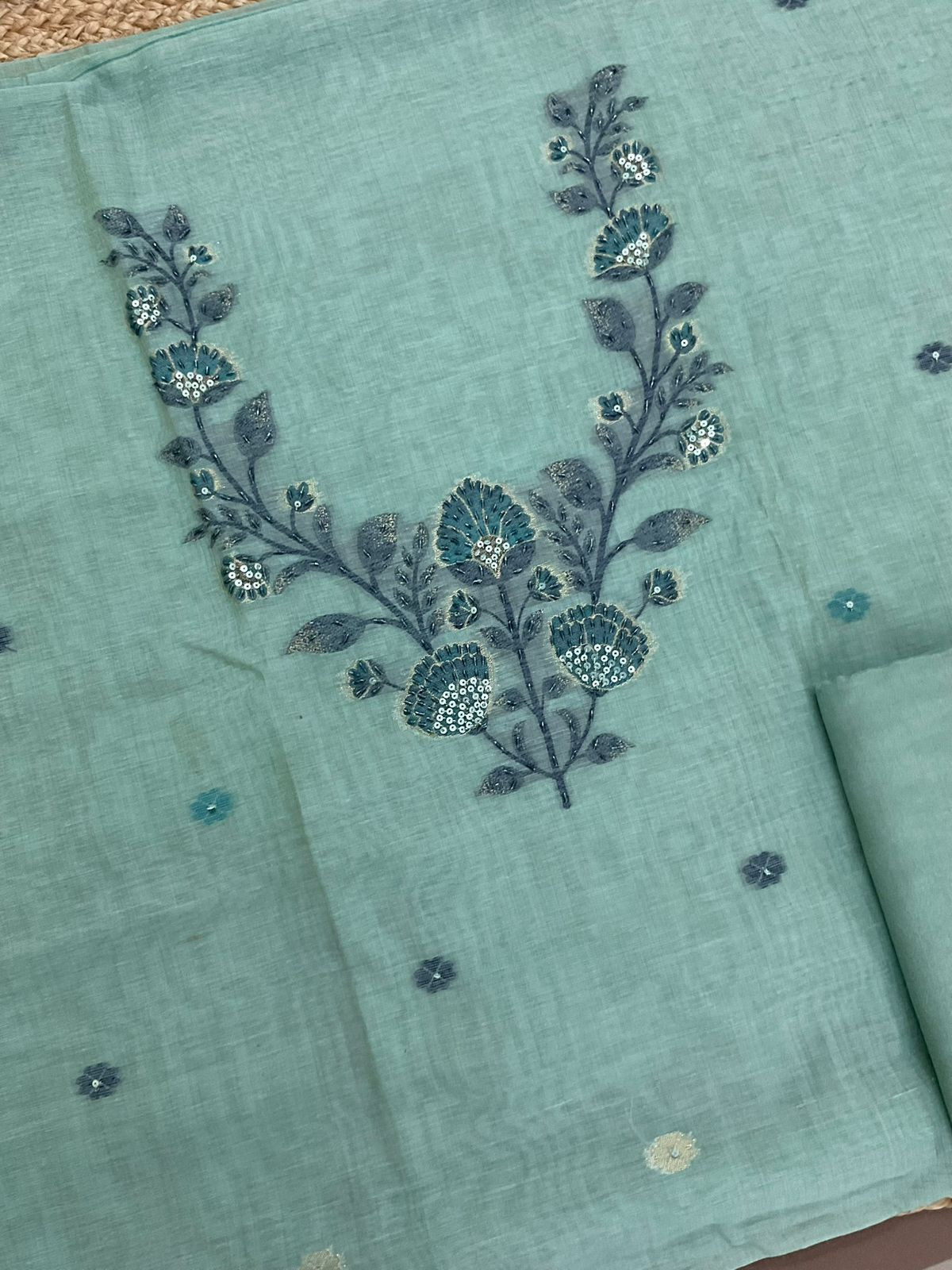 Soft Slub Chanderi Jamdani Weaved Embroidered Suit - Blue